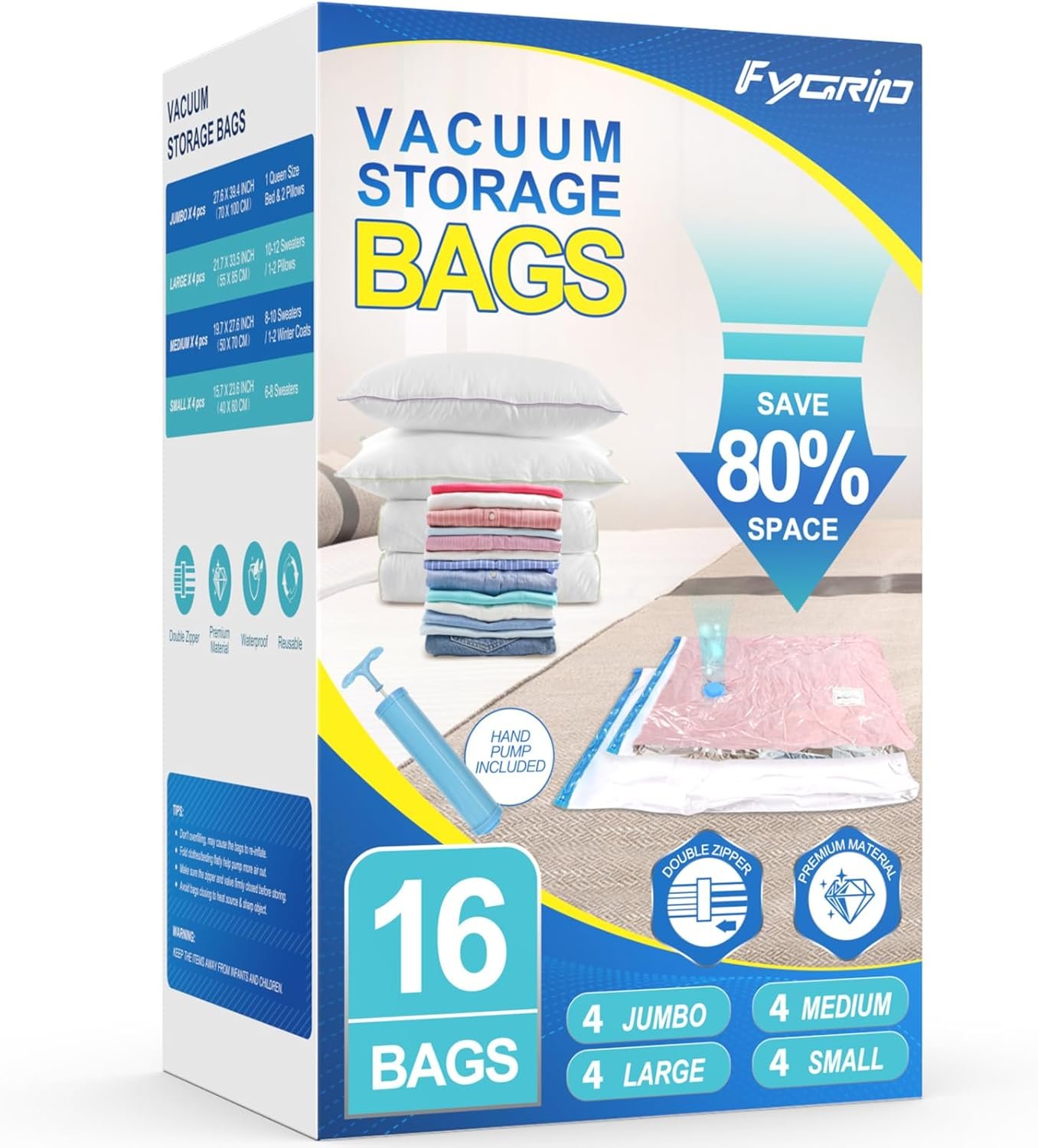 16 pack vacuum storage bags with hand pump 4 jumbo 4 large 4 medium 4 small 80 space saver vacuum seal bags for clothing