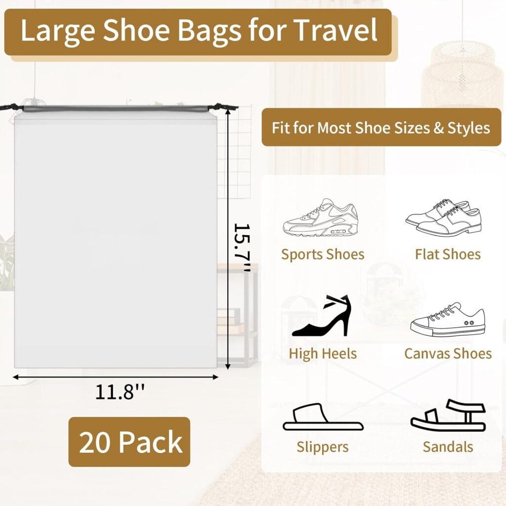 20 Pack Shoe Bags for Travel, 15.7 x 11.8 Clear Travel Shoe Bags for Packing, Large Waterproof Portable Drawstring Travel Shoe Storage Bag Travel Essentials Women for and Men