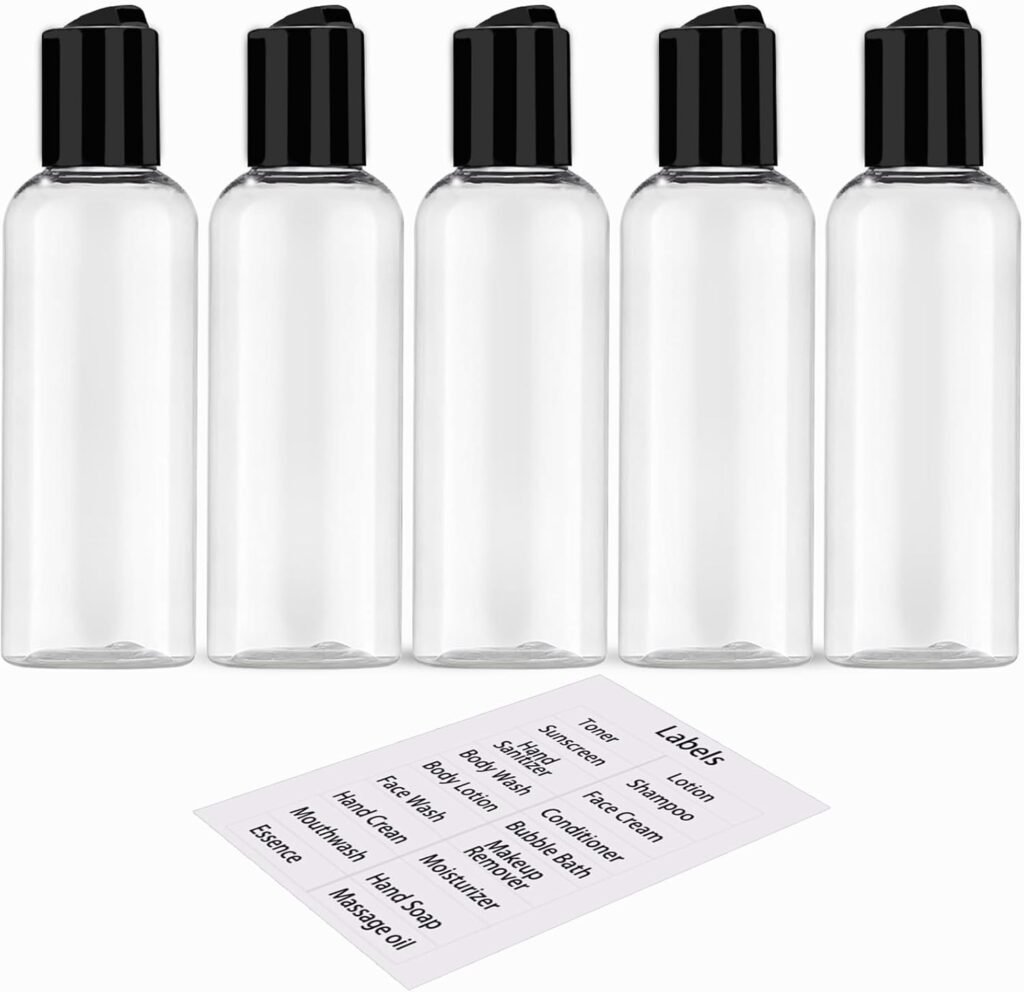 5 Pack 3.4 oz Travel Bottles for Toiletries TSA Approved Leakproof Plastic Empty Travel Size Bottles Containers with Labels