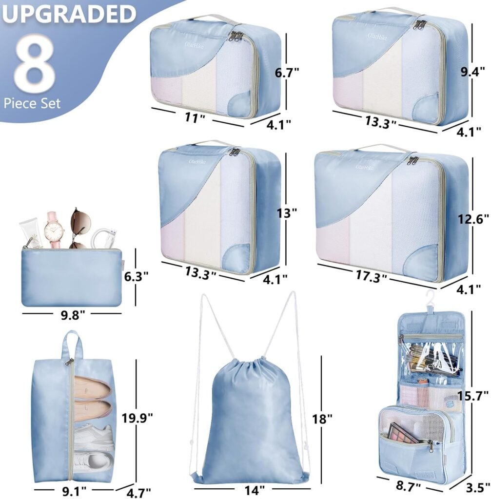 8 Pieces Packing Cubes for Travel, Sturdy Suitcase Organizer in 4 Sizes (Extra Large, Large, Medium, Small), OlarHike Luggage Cubes with Toiletry Bag, Travel Essentials, Cruise Ship Gifts for Women