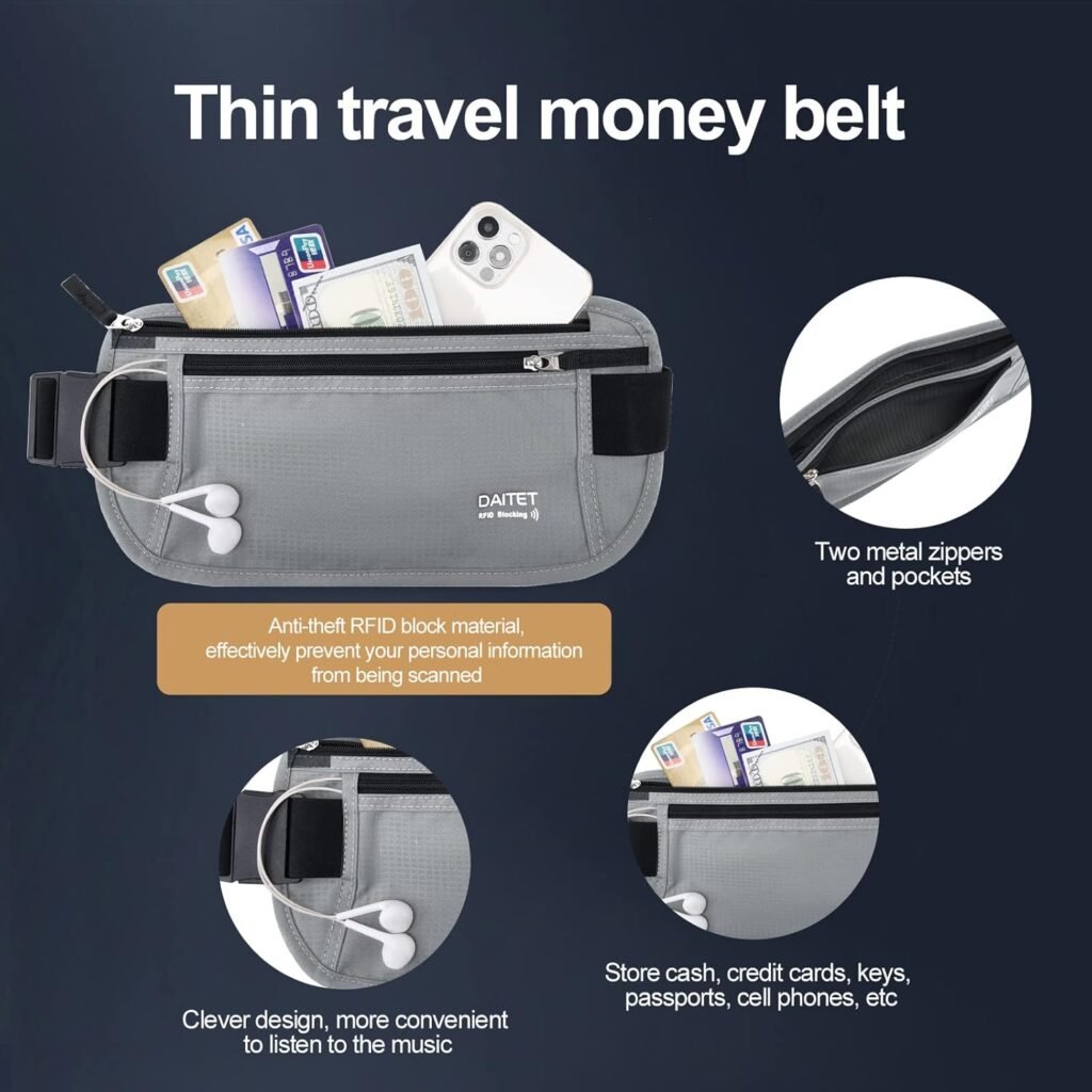 DAITET Money Belt - Passport Holder Secure Hidden Travel Wallet with RFID Blocking, Undercover Fanny Pack (Black)