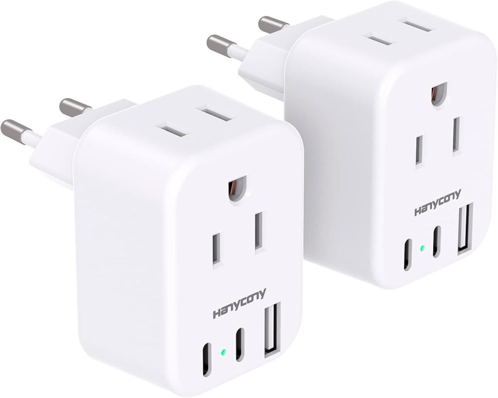 European Travel Plug Adapter for International, Italy Spain Power Adapter, 2 Outlets 2 USB C Ports, Type C Adapter Travel Cruise Essentials for Amercian US to Most Europe France Germany EU, 2 Pack