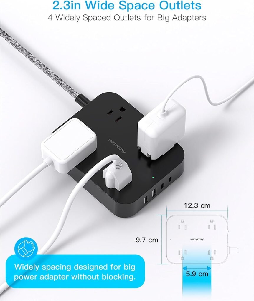 Flat Plug Extension Cord, 5ft Power Strip with 4 USB Ports(2 USB C), 4 Widely Outlets Extender, Wall Mount, Desk Charging Station for Office, School, Travel and Dorm Room Essentials, ETL Listed