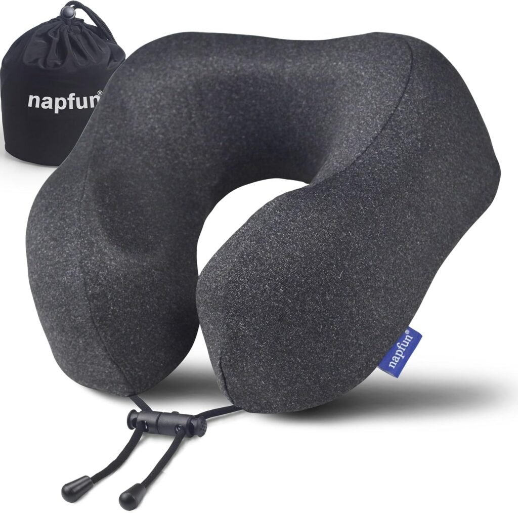 napfun Travel Pillow, Travel Accessories  Travel Essentials for Airplane Upgraded 100% Pure Memory Foam Travel Neck Pillow for Flight Headrest Sleep, Portable Plane Necessities, Full Black