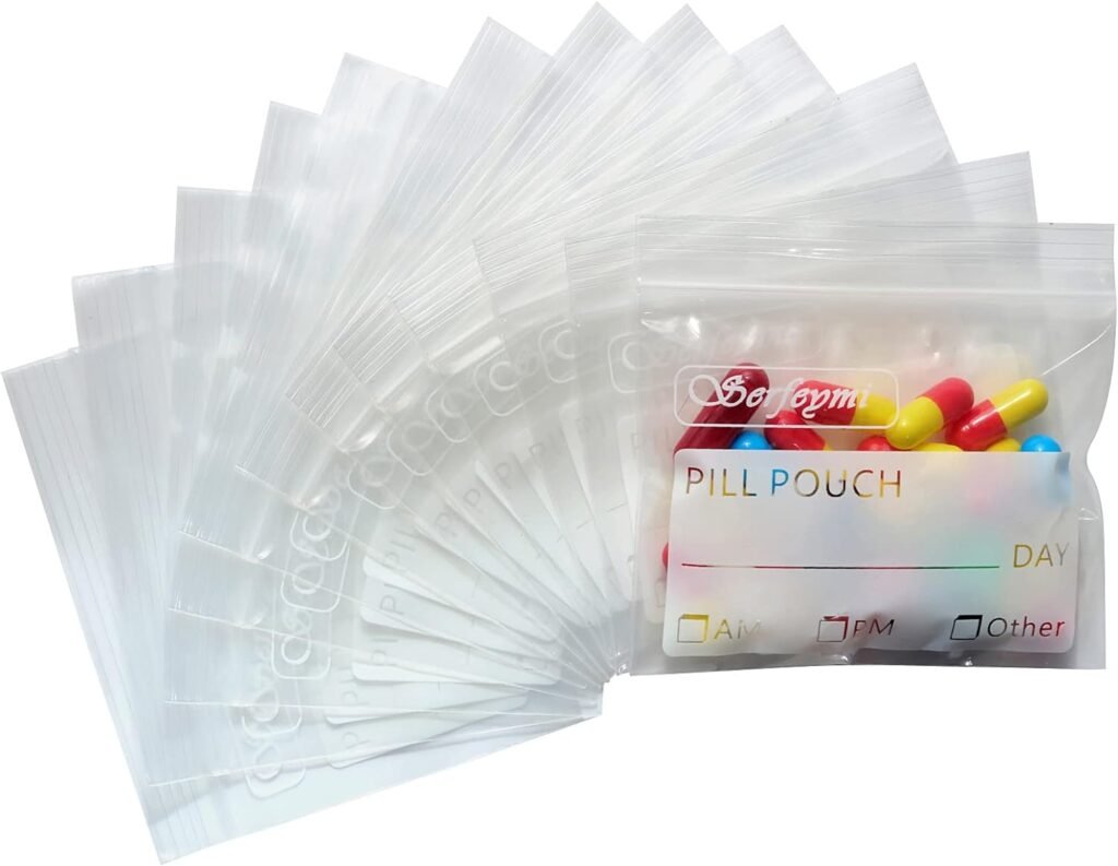 Serfeymi Pill Pouch Bags for Travel Pack of 120 BPA Free 3 x 2.75 inch Reusable Pill Pouches for Medicine with Write on Label Clear Ziplock Seal Waterproof AM PM Pill Baggies for Medicine Organizer