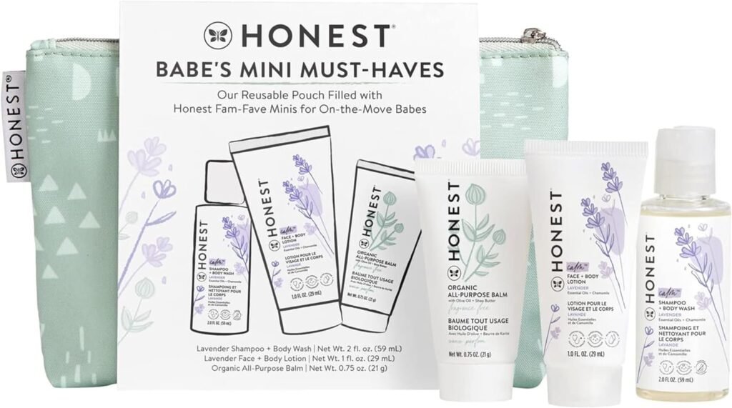 The Honest Company Babes Mini Must Haves Gift Set | Travel Size Lavender Shampoo + Body Wash (2 fl oz), Face + Body Lotion (1 fl oz), Organic All Purpose Balm (.75 oz), Reusable Pouch